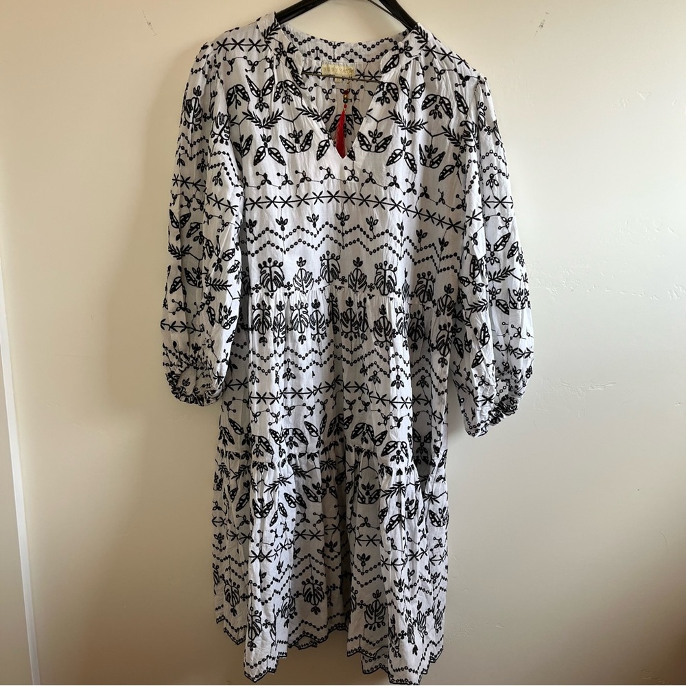 Black & White Embroidered Mini Dress with Puff Sleeves